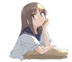  blue_sailor_collar brown_eyes brown_hair chin_rest closed_mouth desk from_behind from_side grey_shirt light_blush looking_at_viewer looking_to_the_side okano_kei sailor_collar school_uniform school_uniform_(yuyushiki) serafuku shirt short_sleeves simple_background solo umiroku upper_body v-shaped_eyebrows white_background yuyushiki 