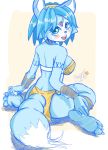  2018 3_toes anthro barefoot blue_fur blue_hair blush breasts butt_pose canine clothing dipstick_tail female fox fur green_eyes hair hairband happy krystal looking_back mammal markings multicolored_tail nintendo open_mouth reynard_fc short_hair sitting soles solo star_fox toes tribal_markings video_games white_fur 