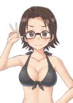  adjusting_eyewear aimobake bangs bespectacled bikini black-framed_eyewear black_bikini blush breasts brown_eyes brown_hair cleavage closed_mouth commentary eyebrows_visible_through_hair front-tie_bikini front-tie_top girls_und_panzer glasses hand_on_hip highres looking_at_viewer medium_breasts parted_bangs sawa_azusa short_hair simple_background smile solo standing swimsuit upper_body white_background 