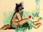  anthro bd black_nose brown_fur canine colored_pencil_(artwork) flower fur garden male mammal nude pastel_(artwork) plant sitting slightly_chubby smile solo traditional_media_(artwork) 