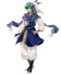  baggy_pants belt blue_headband blue_scarf collar collarbone commentary feathers fire_emblem fire_emblem:_seisen_no_keifu fire_emblem_heroes full_body green_eyes green_hair headband highres levin_(fire_emblem) lips male_focus medium_hair official_art pants scarf smirk solo striped striped_headband striped_scarf suda_ayaka transparent_background white_pants wide_sleeves 