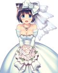  black_hair blue_eyes bouquet breasts bridal_veil cat_ears cat_tail cleavage daibouken!_yukeyuke_osawari_island dress elbow_gloves flower gloves hair_ornament hair_ribbon holding ichigo_(daibouken!_yukeyuke_osawari_island) jewelry looking_at_viewer necklace nontan official_art ribbon short_hair smile tail transparent_background veil wedding_dress 