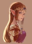  blue_eyes breasts brown_background brown_hair closed_mouth commentary dress earrings english_commentary from_side highres jewelry large_breasts long_hair looking_at_viewer looking_to_the_side na_(oagenosuke) pink_dress pointy_ears princess_zelda shoulder_pads simple_background solo the_legend_of_zelda upper_body 