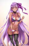  artist_name banned_artist bare_shoulders bb_(fate)_(all) bb_(swimsuit_mooncancer)_(fate) bead_bracelet beads bikini black_legwear bracelet breasts cleavage collarbone dark_skin earrings fate/grand_order fate_(series) gradient gradient_background jewelry long_hair looking_at_viewer multi-strapped_bikini navel purple_eyes purple_hair smile solo sweat swimsuit thighhighs very_long_hair viola_(seed) 