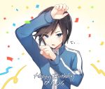 arm_up black_hair blue_eyes blue_jacket blush confetti dated english eyebrows_visible_through_hair hand_up happy_birthday highres jacket long_sleeves looking_at_viewer male_focus open_mouth pokemon pokemon_special shiny shiny_hair short_hair simple_background solo sweat translation_request turtleneck upper_body x_(pokemon) yuhi_(hssh_6) 