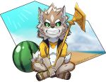  2018 anthro beach canine clothed clothing cub food footwear fruit fur male mammal melon piercing raxkiyamato sandals seaside seth_(tas) staff suikawari swimsuit tokyo_afterschool_summoners watermelon young 