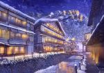  bridge building canal cloud highres house ice ice_floe lamppost mountain night night_sky niko_p no_humans original outdoors path pipes railing revision river road scenery signature sky snow snowing stanchion still_life stream town tree water window winter 