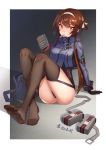  absurdres artist_name ass bag bangs black_gloves black_legwear brown_eyes brown_hair commentary_request feet food girls_frontline gloves hairband hebai_xiaochuan highres holding holding_food jacket jerky knees_up looking_at_viewer mouth_hold school_bag short_hair_with_long_locks sitting soles solo thighhighs thighs toes tsurime type_79_(girls_frontline) 
