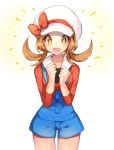 blush bow breasts brown_hair chestnut_mouth clenched_hands collarbone cowboy_shot diamond-shaped_pupils hands_up happy hat hat_bow kotone_(pokemon) looking_at_viewer open_mouth overalls pokemon pokemon_(game) pokemon_hgss red_bow red_shirt shirt simple_background small_breasts smile solo standing symbol-shaped_pupils thigh_gap tied_hair twintails white_background white_hat yellow_eyes yuhi_(hssh_6) 