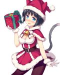  bell black_hair blue_eyes blush box cat_ears cat_tail daibouken!_yukeyuke_osawari_island gift gift_box gift_wrapping gloves hat hat_with_ears holding ichigo_(daibouken!_yukeyuke_osawari_island) looking_at_viewer nontan official_art open_mouth santa_costume santa_gloves santa_hat short_hair skirt tail transparent_background 