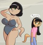  2018 anthro big_breasts black_hair breasts cat choker cleavage clothed clothing daughter davidsanchan dialogue duo feline female flat_chested fur green_eyes hair hand_on_hip jeans kitty_katswell leotard long_hair mammal mature_female mother mrs._katswell nickelodeon pants parent pose short_hair slightly_chubby smile standing t.u.f.f._puppy tan_fur thick_thighs young 