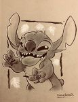  2018 4_fingers alien chest_tuft claws disney experiment_(species) fur greg_jones_jr. head_tuft lilo_and_stitch looking_at_viewer monochrome open_mouth open_smile sepia signature simple_background small_tail smile solo squint stitch tongue tongue_out tuft 