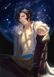  black_hair blue_eyes boots brown_footwear clenched_hand constellation dark_background frown fur_trim jacket looking_at_viewer male_focus multicolored_hair shadow shirt sitting solo star_(sky) tenrou:_sirius_the_jaeger tianlingdoudou two-tone_hair white_hair white_shirt yuily_(sirius) 