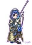  ana_(overwatch) ana_(overwatch)_(cosplay) cosplay eyepatch facial_tattoo finger_to_mouth gun highres hood jindai3663 love_live! love_live!_school_idol_project one_knee overwatch purple_hair rifle sniper_rifle tattoo toujou_nozomi weapon 