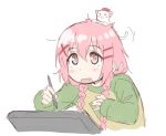  :3 animal animal_on_head blush braid cat cat_on_head comic_girls drawing_tablet fang hair_ornament hairclip long_sleeves moeta_kaoruko nyaos on_head pink_eyes pink_hair raglan_sleeves simple_background sleeves_past_wrists smile stylus twin_braids umiroku upper_body white_background x_hair_ornament 