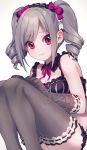  bangs bikini black_bikini blush bow breasts closed_mouth commentary detached_collar drill_hair elbow_gloves eyebrows_visible_through_hair feet_out_of_frame floral_print gloves gothic_lolita grey_hair hair_between_eyes hairband hands_on_own_knees highres idolmaster idolmaster_cinderella_girls kanzaki_ranko light_smile lips lolita_fashion lolita_hairband long_hair looking_at_viewer medium_breasts red_eyes ribbon ribbon-trimmed_gloves ribbon-trimmed_legwear ribbon_trim sheer_gloves sheer_legwear simple_background sitting smile solo swept_bangs swimsuit symbol_commentary thighhighs twintails uso_(ameuzaki) white_background 