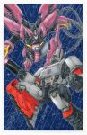  90s alex_milne arm_cannon battle cannon crossover decepticon duel glowing glowing_eyes green_eyes gundam gundam_epyon gundam_wing highres insignia machinery mecha mechanization megatron no_humans oldschool open_mouth red_eyes robot science_fiction shield traditional_media transformers weapon wings 