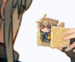  :3 ahoge animal_ears blurry blurry_foreground brown_eyes brown_hair chibi chinese_commentary commentary_request cracker depth_of_field ears_down fingerless_gloves food from_behind girls_frontline gloves grey_hair hair_between_eyes hair_ornament hairclip highres holding holding_food holding_person in_food looking_at_another minigirl multiple_girls shaded_face simple_background soft_focus su_xiao_jei tail teardrop tears trembling ump45_(girls_frontline) ump9_(girls_frontline) white_background 