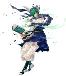  baggy_pants belt blue_headband blue_scarf book casting_spell clenched_teeth collar collarbone commentary energy feathers fire_emblem fire_emblem:_seisen_no_keifu fire_emblem_heroes full_body green_eyes green_hair headband highres holding holding_book levin_(fire_emblem) lips male_focus medium_hair official_art pants scarf shirt solo striped striped_headband striped_scarf suda_ayaka teeth torn_clothes torn_pants torn_scarf torn_shirt torn_sleeves transparent_background visible_air white_pants wide_sleeves 