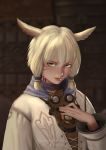 animal_ears blonde_hair dark_skin facial_mark fantasy final_fantasy final_fantasy_xiv goggles graphite_(medium) green_eyes hand_on_own_chest lips looking_to_the_side luffie painting slit_pupils solo tattoo traditional_media wall y'shtola_rhul 