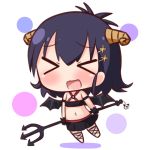  &gt;_&lt; bangs black_hair black_skirt black_wings blush chibi closed_eyes commentary_request crop_top demon_girl demon_horns demon_wings eyebrows_visible_through_hair facing_viewer flying full_body gabriel_dropout hair_between_eyes hair_ornament hairclip hallelujah_essaim hana_kazari holding horns long_hair midriff navel o-ring o-ring_top open_mouth pitchfork pleated_skirt skirt solo tsukinose_vignette_april wavy_mouth white_background wings x_hair_ornament 