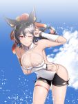  bent_over black_hair blue_sky blush breast_hold breasts cementite cleavage cloud collarbone covered_navel day detached_sleeves earrings erune eyewear_on_head flower granblue_fantasy hair_flower hair_ornament hair_ribbon highres ilsa_(granblue_fantasy) jewelry large_breasts long_hair looking_at_viewer one_eye_closed outdoors red_eyes ribbon sky smile solo sunglasses swimsuit thigh_strap water wince 