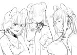  ^_^ animal_ears bandana braid closed_eyes dormouse_(monster_girl_encyclopedia) greyscale hair_between_eyes hand_on_own_cheek hinezumi_(monster_girl_encyclopedia) large_mouse_(monster_girl_encyclopedia) less long_hair monochrome monster_girl_encyclopedia mouse_ears multiple_girls short_hair sketch smile 