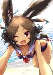  ;d animal_ears azur_lane bent_over black_hair breasts brown_eyes bunny_ears bunny_girl bunny_tail collarbone commentary_request dark_skin hair_ornament hairclip highres i-26_(azur_lane) kurono_tokage looking_at_viewer ocean one_eye_closed open_mouth sand sky small_breasts smile solo swimsuit tail tan twitter_username 