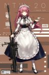  anti-materiel_rifle apron black_dress black_footwear black_neckwear black_ribbon breasts closed_mouth commentary cup dress english_commentary eyebrows_visible_through_hair girls_frontline gun hair_flaps high_heels highres holding juliet_sleeves large_breasts long_hair long_sleeves looking_at_viewer maid maid_apron maid_headdress neck_ribbon ntw-20 ntw-20_(girls_frontline) pink_eyes pink_hair ponytail puffy_sleeves ribbon rifle sniper_rifle solo standing teacup terupancake tray twitter_username weapon white_apron 