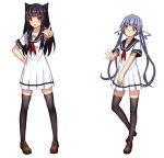  :o animal_ears black_legwear black_sailor_collar blue_hair brown_footwear brown_hair cat_ears commentary_request dress eyebrows_visible_through_hair green_eyes hair_ribbon hand_on_hip highres loafers long_hair looking_at_viewer low_twintails multiple_girls neckerchief open_mouth original purple_ribbon red_eyes red_neckwear ribbon sailor_collar sailor_dress shoes short_dress short_sleeves sky smile star_(sky) starry_sky thighhighs twintails very_long_hair weiyinji_xsk white_dress zettai_ryouiki 