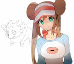  blush breasts bright_pupils brown_hair collarbone double_bun green_eyes hat light_blush long_hair long_sleeves looking_at_viewer medium_breasts multicolored_shirt pink_hat poke_ball_symbol poke_ball_theme pokemon pokemon_(creature) pokemon_special simple_background smile solo_focus tied_hair upper_body visor_cap whi-two_(pokemon) white_background yuhi_(hssh_6) zorua 