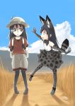  :d alternate_color animal_ears backpack bag bags_under_eyes black_gloves black_hair black_legwear blue_sky boots bow bowtie cloud cosplay day elbow_gloves frankseven gloves green_eyes hat hat_feather highres kaban_(kemono_friends) kaban_(kemono_friends)_(cosplay) kemono_friends kuroki_tomoko long_hair looking_at_another multiple_girls open_mouth outdoors outline outstretched_arms pantyhose pantyhose_under_shorts print_gloves print_legwear print_neckwear print_skirt profile red_shirt satozaki_kiko savannah serval_(kemono_friends) serval_(kemono_friends)_(cosplay) serval_ears serval_print serval_tail shirt shoes short_sleeves shorts skirt sky sleeveless sleeveless_shirt smile spread_arms sweatdrop tail triangle_mouth watashi_ga_motenai_no_wa_dou_kangaetemo_omaera_ga_warui! white_hat white_outline white_shirt white_shorts 