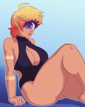  1_eye 2018 absurd_res breasts cleavage clothed clothing cyclops digital_media_(artwork) eyelashes female hair hi_res humanoid looking_at_viewer multicolored_hair not_furry one-piece_swimsuit pointy_ears purple_eyes scar short_hair solo souladdicted swimsuit two_tone_hair viviana_(souladdicted) 