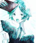  androgynous aqua_eyes aqua_hair clipboard colored_eyelashes commentary_request crystal_hair eyes_visible_through_hair gem_uniform_(houseki_no_kuni) glowing highres houseki_no_kuni looking_at_viewer natsuda_(noom_soh) necktie open_mouth phosphophyllite short_hair smile solo upper_body v 