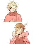  1girl blush closed_eyes dress embarrassed hair_over_one_eye hat jewelry long_hair mella monochrome octopath_traveler open_mouth scarf short_hair simple_background smile therion_(octopath_traveler) tressa_(octopath_traveler) 