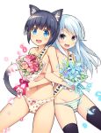  animal_ears black_hair blue_eyes bouquet cat_ears cat_tail daibouken!_yukeyuke_osawari_island eyebrows_visible_through_hair flower grey_eyes ichigo_(daibouken!_yukeyuke_osawari_island) light_blue_hair long_hair multiple_girls nigo_(daibouken!_yukeyuke_osawari_island) nontan official_art open_mouth panties short_hair smile striped striped_panties tail thighhighs topless transparent_background underwear 