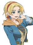  :d alternate_eye_color blonde_hair blue_eyes breasts cecilia_lynne_adelhyde coat commentary_request cross-laced_clothes earrings flat_color hairband hanakuso hand_up hood hood_down jewelry large_breasts long_sleeves lowres open_mouth red_hairband short_hair simple_background sketch smile solo upper_body white_background wild_arms wild_arms_1 