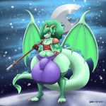  anthro axe bulge dragon girly haley_sturmbringer_(character) horn hyper hyper_bulge hyper_thighs indynd looking_at_viewer male melee_weapon pubes smile solo standing teeth thick_thighs weapon wide_hips wings 