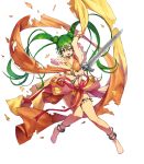  anklet arm_up bangs bare_shoulders barefoot breasts choker cozy dancer double_bun earrings fire_emblem fire_emblem:_seisen_no_keifu fire_emblem_heroes full_body green_eyes green_hair highres holding holding_sword holding_weapon jewelry long_hair medium_breasts midriff navel official_art one_eye_closed open_mouth shiny shiny_hair skirt solo sword sylvia_(fire_emblem) thigh_strap toes torn_clothes transparent_background twintails weapon 