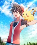  arm_up baseball_cap black_hair black_shirt blue_sky blush_stickers clenched_hands cloud collarbone day gen_1_pokemon hat highres looking_at_another looking_to_the_side male_focus one_eye_closed open_mouth outdoors pikachu pokemon pokemon_(creature) pokemon_on_shoulder pokemon_special red_(pokemon) red_eyes red_hat red_vest shirt short_hair short_sleeves sky smile standing teeth tree vest wristband yuhi_(hssh_6) 