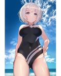  antenna_hair bangs bare_arms bare_shoulders black_swimsuit blue_eyes blue_sky blush breasts cat_hair_ornament closed_mouth cloud commentary_request covered_navel day dennou_shoujo_youtuber_shiro eyebrows_visible_through_hair fingernails groin hair_ornament horizon large_breasts looking_at_viewer ocean rk_(rktorinegi) shiro_(dennou_shoujo_youtuber_shiro) short_hair silver_hair sky smile solo standing swimsuit v virtual_youtuber water 