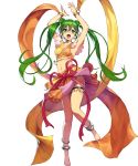 anklet armpits arms_up bangs barefoot breasts choker cozy dancer double_bun earrings fire_emblem fire_emblem:_seisen_no_keifu fire_emblem_heroes full_body green_eyes green_hair highres jewelry long_hair medium_breasts midriff navel official_art open_mouth shiny shiny_hair skirt smile solo sylvia_(fire_emblem) thigh_strap toes transparent_background twintails 