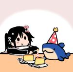  :3 black_hair cake candle food fork hair_ornament hat kantai_collection lowres party_hat remodel_(kantai_collection) sendai_(kantai_collection) smile solid_circle_eyes solo stuffed_animal stuffed_shark stuffed_toy terrajin 
