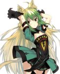  ahoge animal_ear_fluff animal_ears arms_up atalanta_(fate) bangs black_gloves black_legwear black_skirt blush breasts brown_hair cat_ears cat_girl cat_tail closed_mouth commentary dress fate/apocrypha fate_(series) garter_straps gloves gradient_hair green_dress green_eyes green_hair hair_between_eyes head_tilt highres leaning_back long_hair looking_at_viewer multicolored_hair nuqura pleated_skirt puffy_short_sleeves puffy_sleeves short_sleeves simple_background skirt small_breasts solo tail thighhighs very_long_hair white_background 