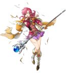 bangs boots cape ethlin_(fire_emblem) fire_emblem fire_emblem:_seisen_no_keifu fire_emblem_heroes full_body highres holding kaya8 knee_boots long_hair long_sleeves official_art one_eye_closed open_mouth pink_eyes pink_hair pleated_skirt scar shiny shiny_hair sidelocks skirt solo staff torn_cape torn_clothes torn_skirt transparent_background 