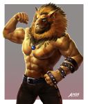  2018 abs amon-sydonai belt biceps blue_eyes claws clothed clothing digimon ear_piercing flexing jewelry leomon looking_at_viewer male mane markings muscular navel nipples pants pecs piercing solo spikes topless 