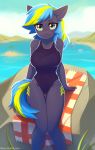  2018 anthro clothing cutie_mark digital_media_(artwork) equine fan_character female fensu-san hair looking_at_viewer mammal multicolored_hair my_little_pony one-piece_swimsuit outside solo swimsuit two_tone_hair water 