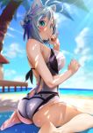 animal_ears antenna_hair ass bare_arms bare_legs bare_shoulders barefoot beach beach_towel blue_eyes blue_flower blue_hair blue_ribbon blue_rose blue_sky blurry blurry_background blush breasts casual_one-piece_swimsuit cat_ears closed_mouth cloud commentary_request dappled_sunlight day dennou_shoujo_youtuber_shiro depth_of_field fake_animal_ears fingernails flower from_behind hair_between_eyes hair_flower hair_ornament hair_ribbon hairband hand_up large_breasts legs light_frown light_rays lips looking_at_viewer looking_back ocean on_ground one-piece_swimsuit outdoors palm_tree pier pija_(pianiishimo) pink_hairband pink_lips ribbon rose shiro_(dennou_shoujo_youtuber_shiro) short_hair sitting sky solo sunbeam sunlight sweat swimsuit towel tree virtual_youtuber wariza water white_flower white_swimsuit 