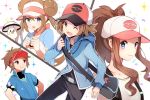  2girls bag bare_shoulders baseball_cap belt black_(pokemon) black_pants black_shirt black_vest blue_eyes blue_jacket blush brown_eyes brown_hair closed_mouth collarbone confetti double_bun foongus hand_up hands_on_hips hands_up happy hat high_ponytail highres jacket lack-two_(pokemon) light_blush long_hair long_sleeves looking_at_viewer multiple_boys multiple_girls one_eye_closed open_mouth outline pants pink_hat poke_ball_symbol poke_ball_theme pokemon pokemon_(creature) pokemon_special ponytail red_hat shirt short_hair short_sleeves simple_background sleeveless sleeveless_shirt smile sparkle standing teeth tied_hair twintails upper_body vest visor_cap whi-two_(pokemon) white_(pokemon) white_background white_outline white_shirt yuhi_(hssh_6) 