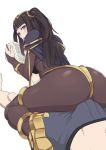  1girl ass ass_focus bangs blue_hair blunt_bangs blush bodystocking book boxers breasts buttjob cape erection erection_under_clothes eyebrows_visible_through_hair fire_emblem fire_emblem:_kakusei girl_on_top gold_trim hakuto7u hetero high_heels highres looking_back lying on_back open_mouth purple_eyes reading simple_background sitting sitting_on_lap sitting_on_person tharja tiara topless underwear white_background 